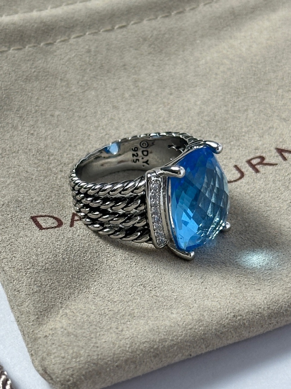 David Yurman Blue Topaz & Diamonds Sterling Silver Wheaton Ring Size 8